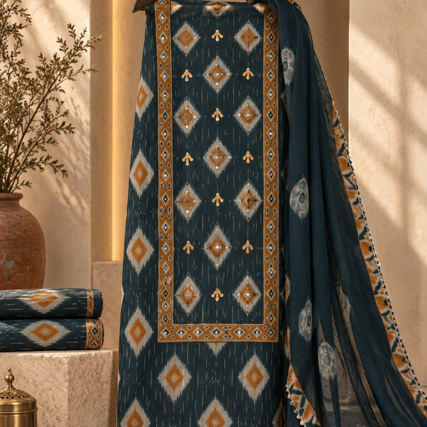 Teal Blue Ikat Printed Ethnic Dress Material