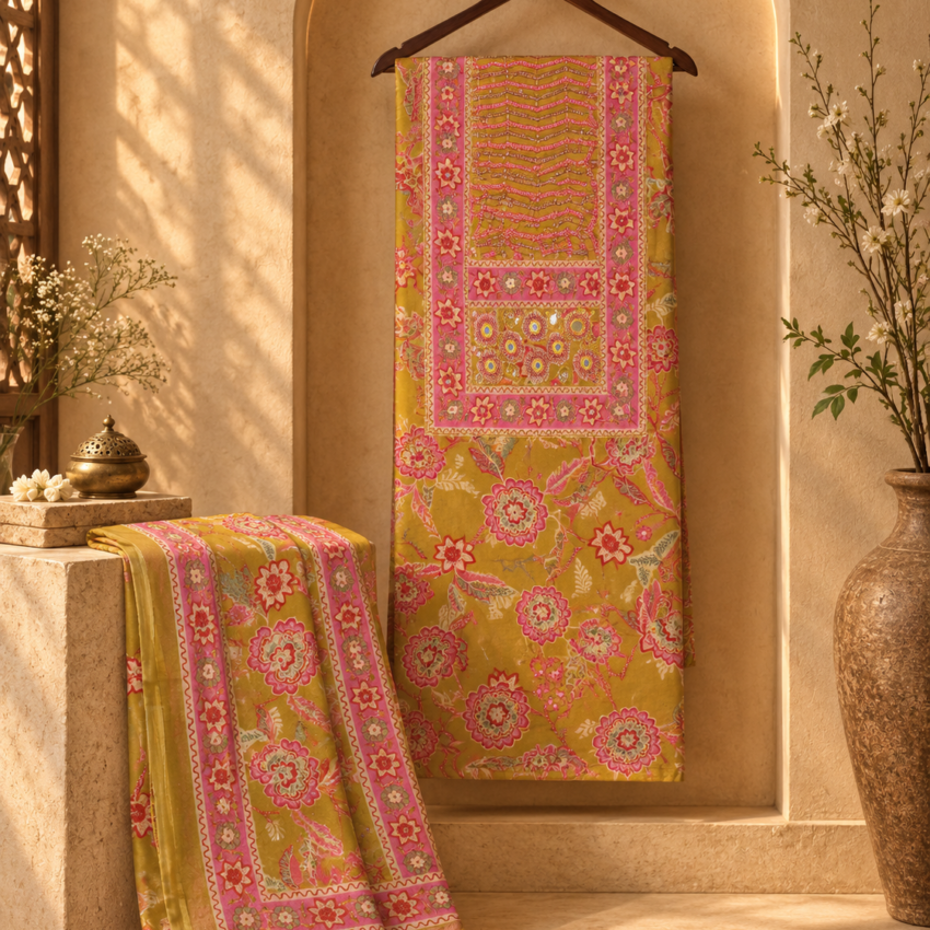 Mustard Yellow Floral Printed Ethnic Dress Material