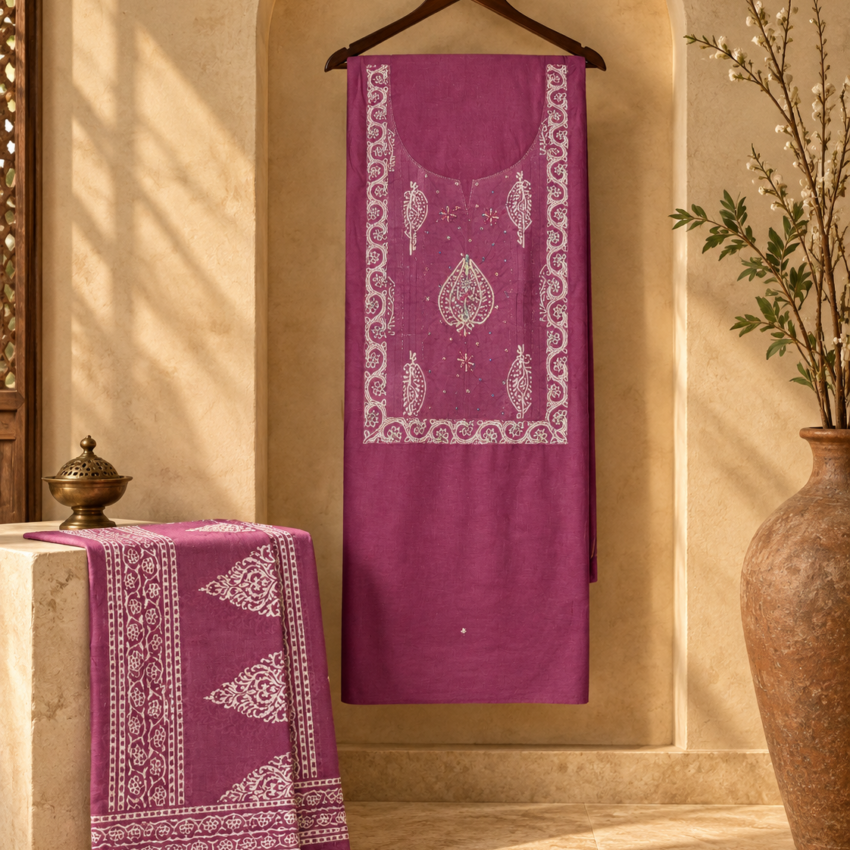 Wine Purple Embroidered Ethnic Dress Material